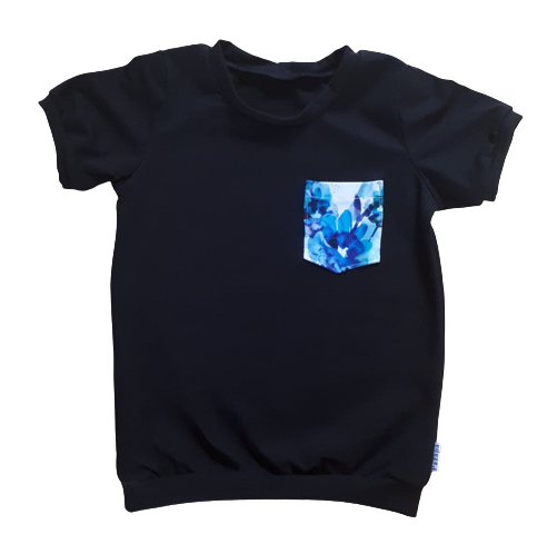 Chandail - Noir - Poche fleurs bleues turquoises