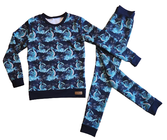 Pyjama - Chandail long et pantalons longs - Dragons turquoises et bleu marine