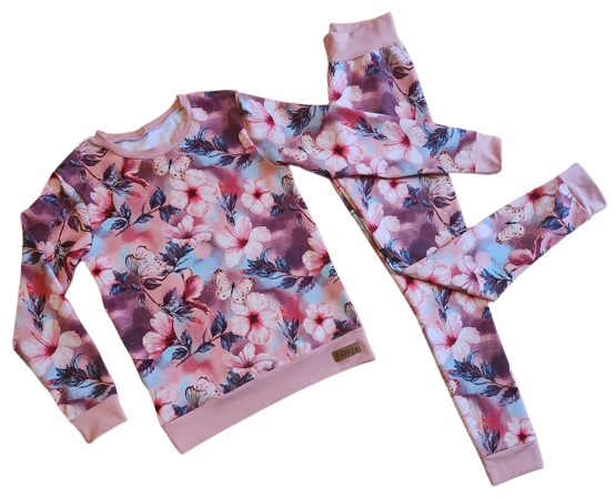 Pyjama - Chandail long et pantalons longs - Fleurs roses éclatantes et papillons